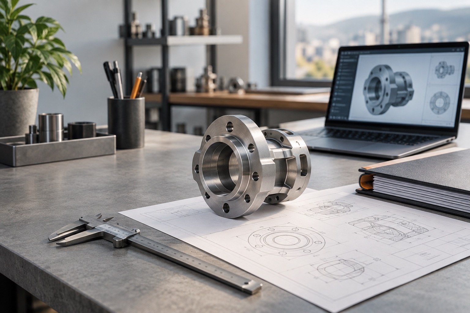 Präzisionsbauteil, technische Zeichnung und Laptop auf einem Engineering-Arbeitsplatz