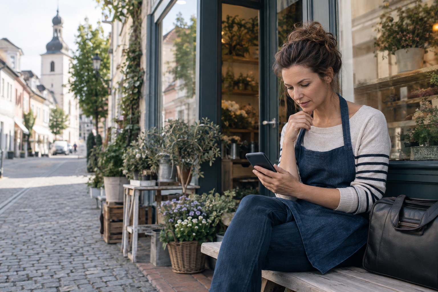 Geschäftsinhaberin prüft Informationen auf dem Smartphone vor einem lokalen Geschäft