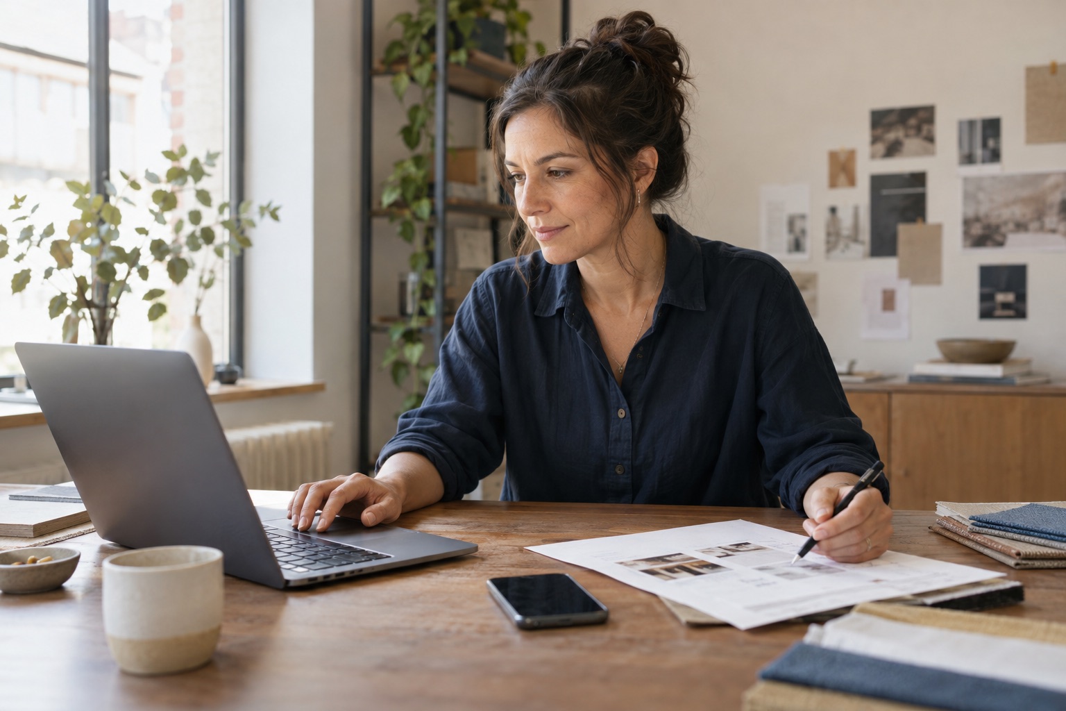 Unternehmerin bereitet mit Laptop, Papier und Smartphone eine Kundenanfrage vor
