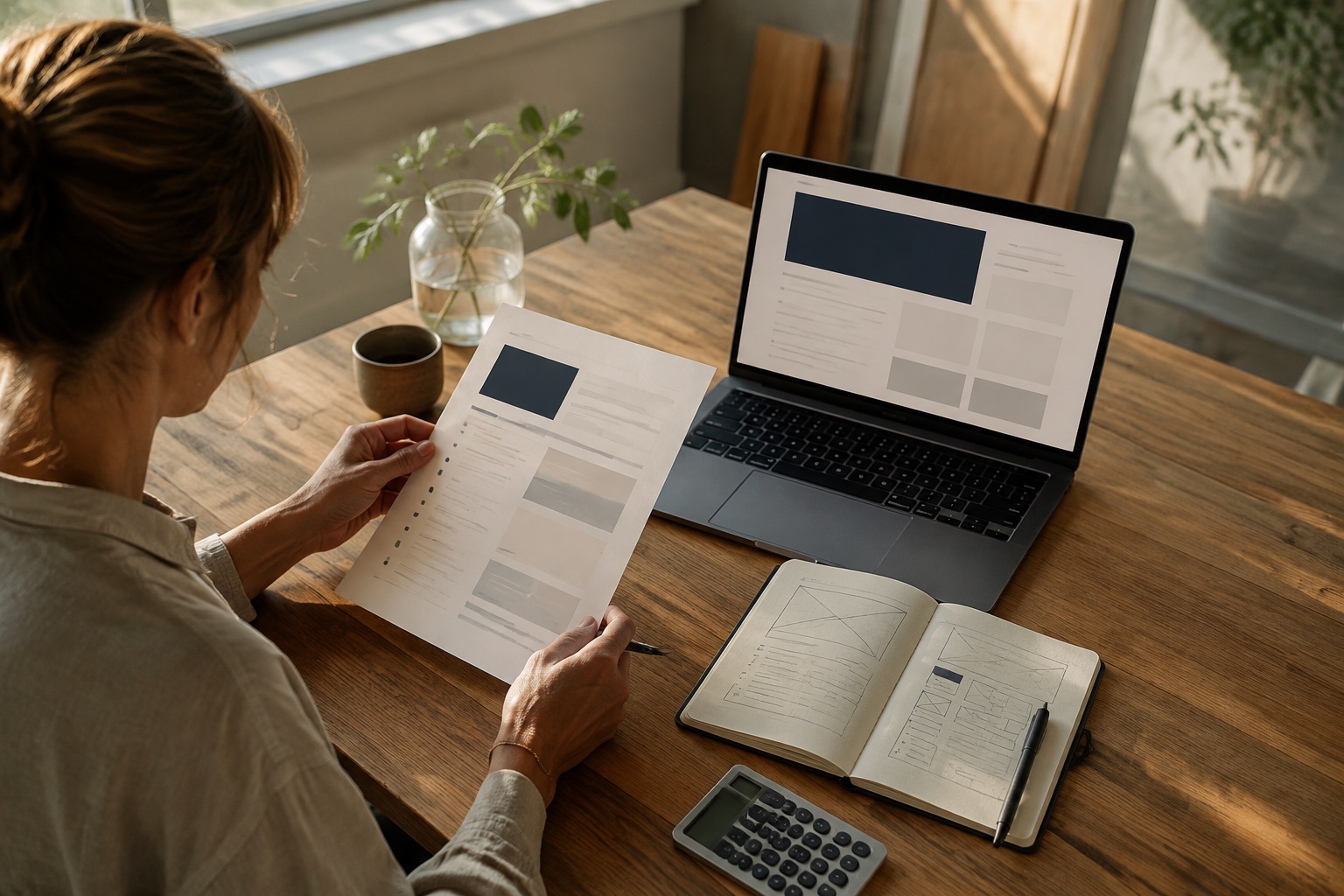 Unternehmerin vergleicht ein Website-Angebot mit einem Laptop und einem Notizbuch