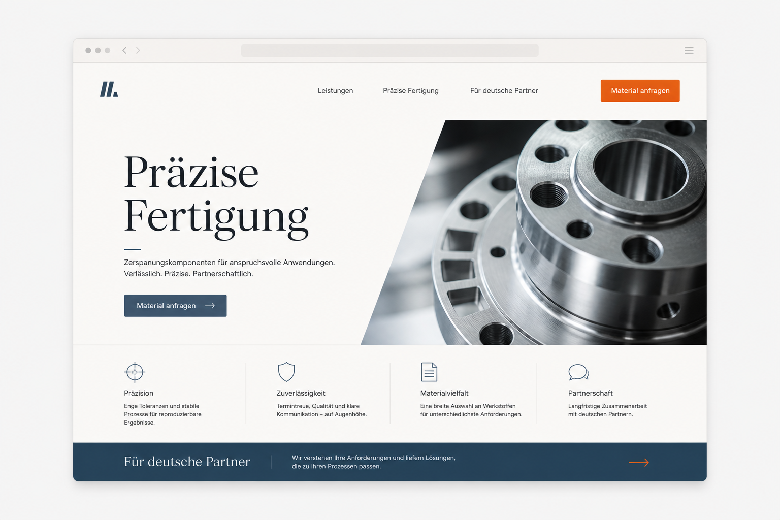 Fictional modern German website mock-up for a precision manufacturing company